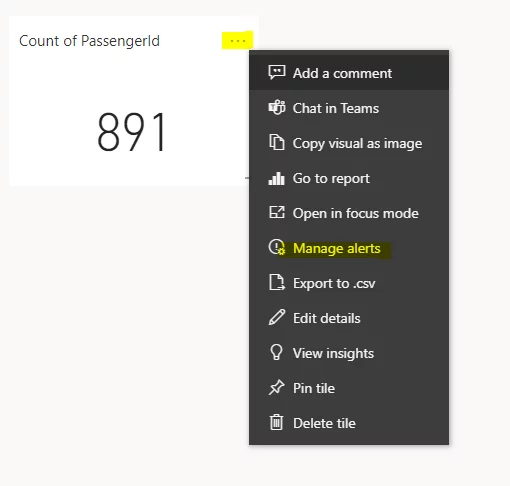 Setting up a Power BI alert in a dashboard.
