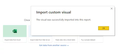 Dialogue box showing custom visual has imported successfully