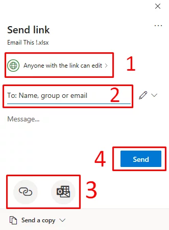 Shows the Share dialog box with key info highlighted
