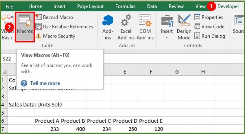 Screenshot showing the Macros option in the Code group on the Developer Tab on the Ribbon.