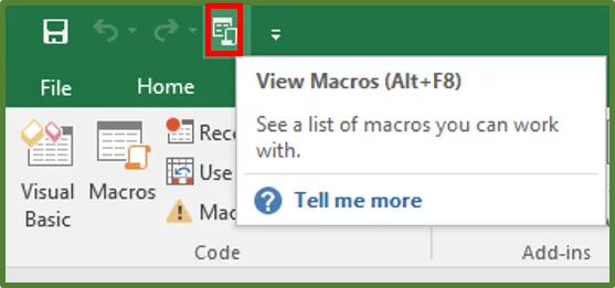Screenshot showing the View Macros button on the Quick Access Toolbar