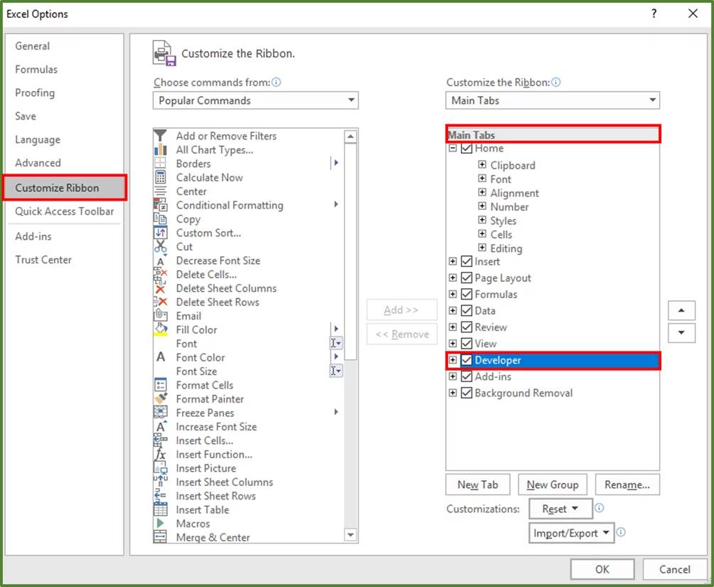 Screenshot showing how to add the Developer Tab to the Ribbon by using the Excel Options Window and checking the Developer box.