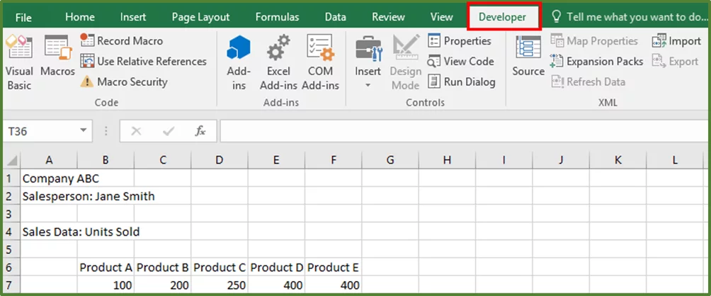 Screenshot showing the Developer Tab added to the Ribbon.