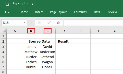 Data entered for concatenate formula