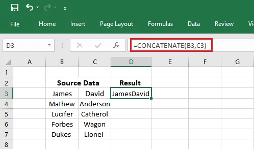 Result of the concatenate formula