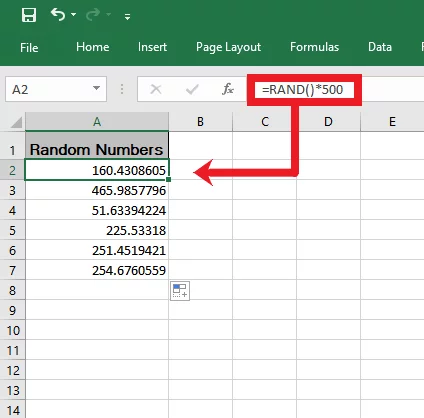 Generating random real numbers between 0 and 500 using the RAND Function