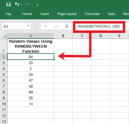 Generating random numbers between 1 and 100 using the RANDBETWEEN Function