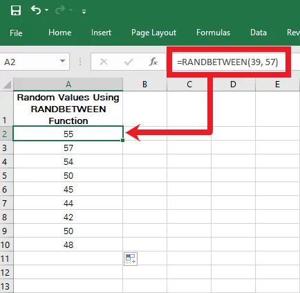 Generating random whole numbers between 39 and 57 using the RANDBETWEEN Function