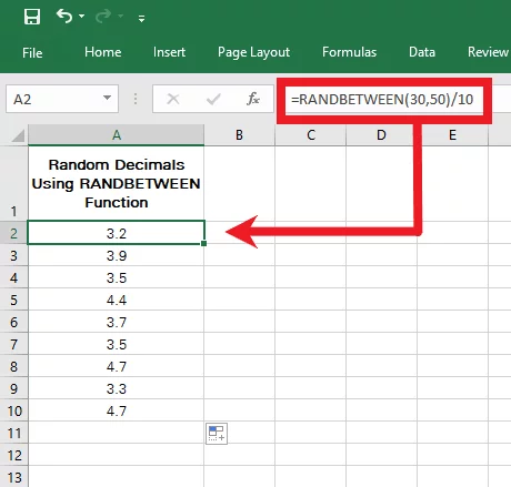 Generating random decimal numbers between 30 and 50 using the RANDBETWEEN Function