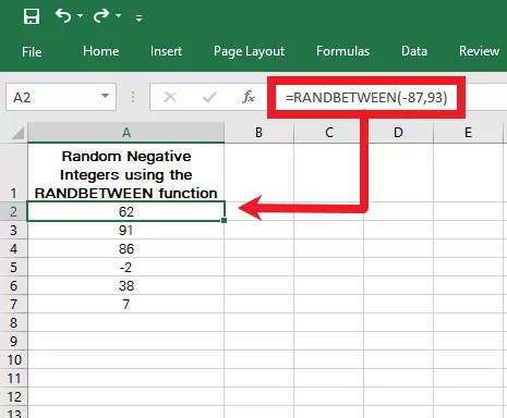 Generating random negative integers between -87 and 93 using the RANDBETWEEN Function