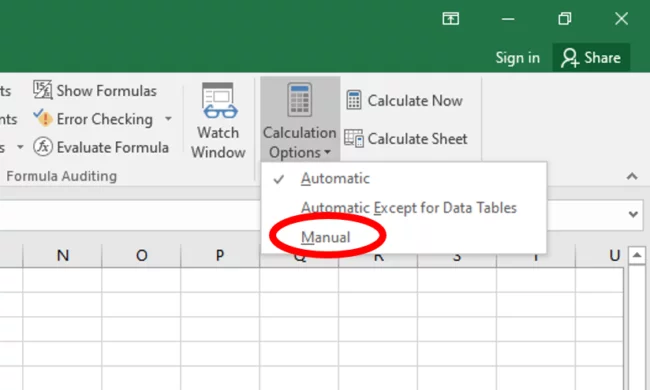 Enabling the manual calculation mode in Excel