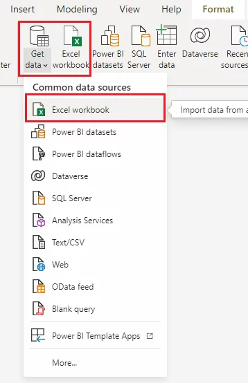 click the “Get data” or “Excel workbook” button