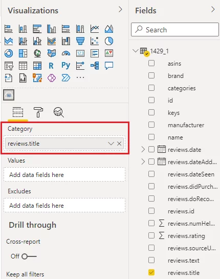 Dragging and dropping data into a word cloud visualisation.