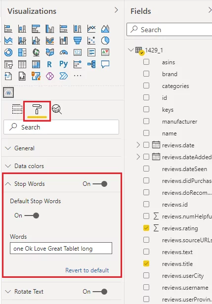 Setting the remove stop words settings in the word cloud visual.