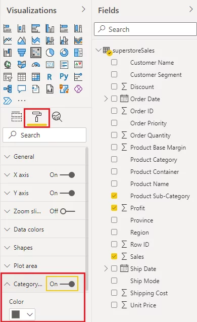 Turning on category labels for a scatter chart