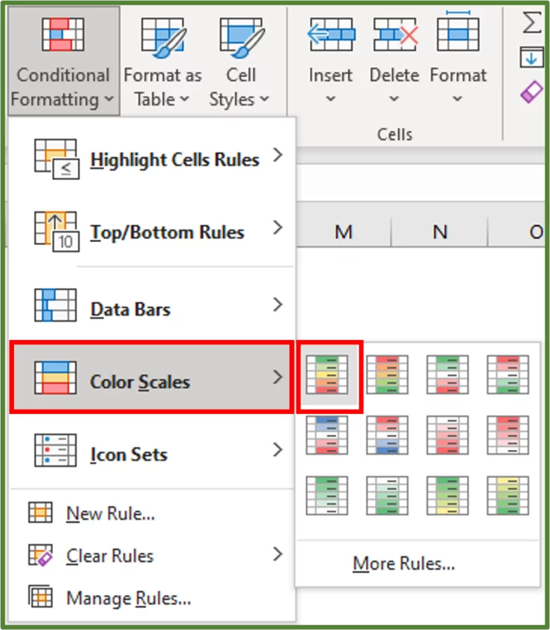 Screenshot showing the Colour Scales and the Green Yellow Red Colour Scale highlighted