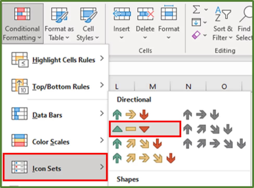 Screenshot showing Icon Sets and the three triangles under Directional highlighted.