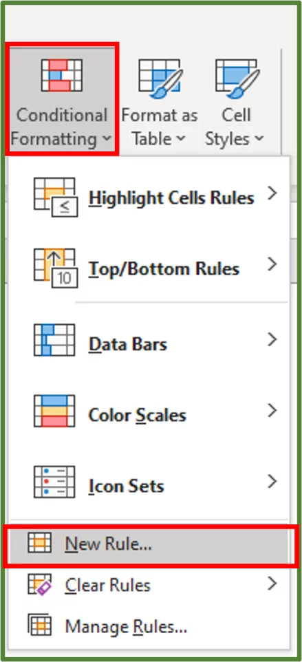 Screenshot showing the Conditional Formatting and New Rule... option highlighted.