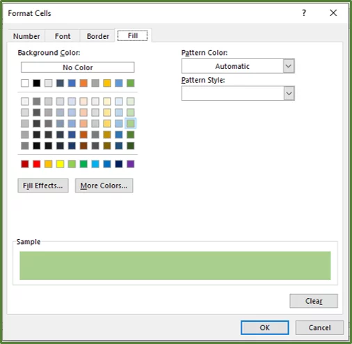 Screenshot showing the Fill Tab with light green chosen.