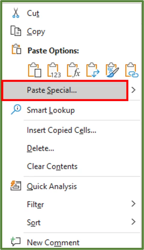 Screenshot showing the Paste Special...option highlighted.