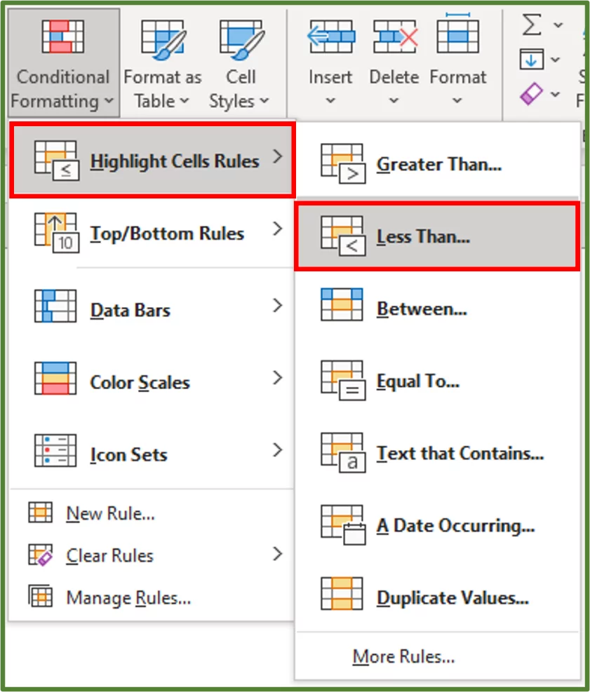 Screenshot showing the Highlight Cells Rules and the Less Than...Option selected.