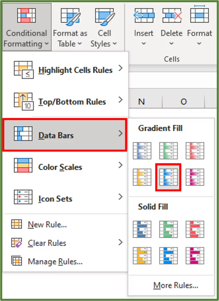 Screenshot showing the Light Blue Gradient Fill Data Bars option highlighted.