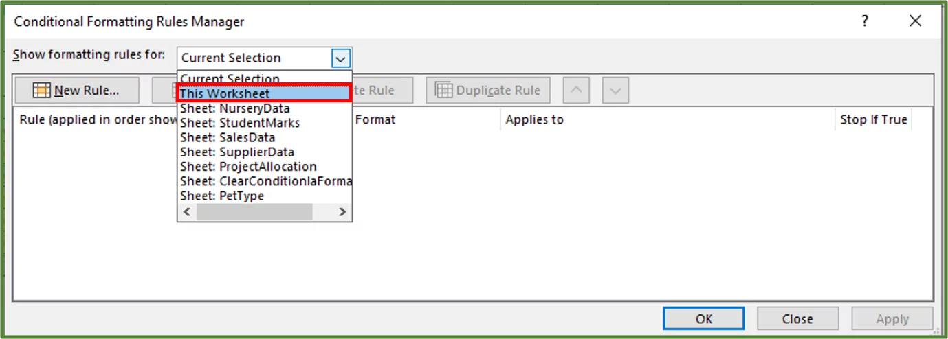 Screenshot showing the Show formatting rules for: option and This Worksheet highlighted.