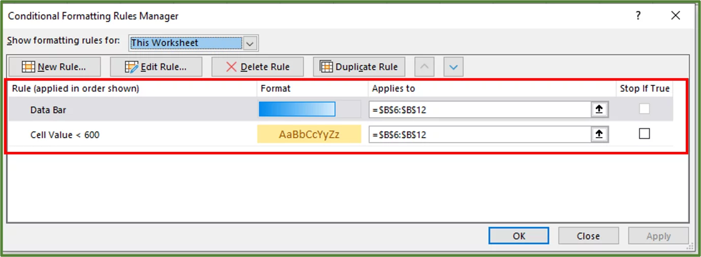 Screenshot showing the Conditional Formatting Rules applied in the worksheet.