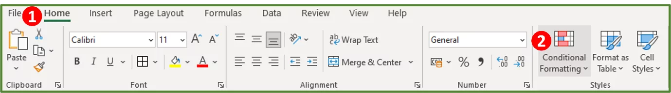 Screenshot showing the Conditional Formatting Option in the Styles group on the Home Tab