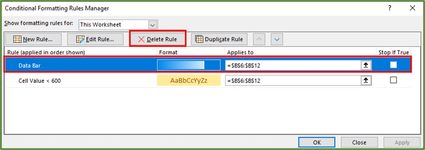 Screenshot showing the Data Bar Rule and the Delete Rule button highlighted.