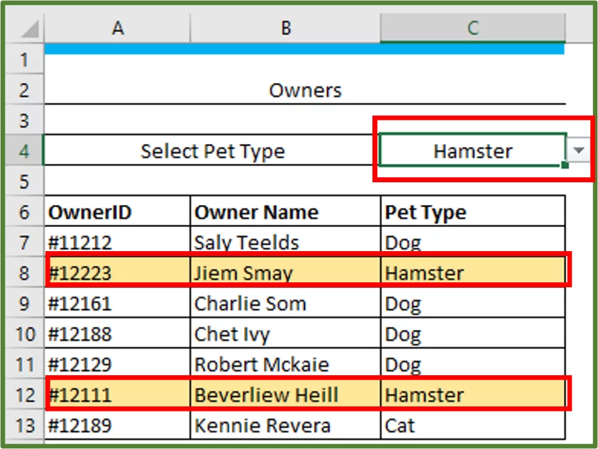 Screenshot showing the rows of all the hamster owners highlighted.