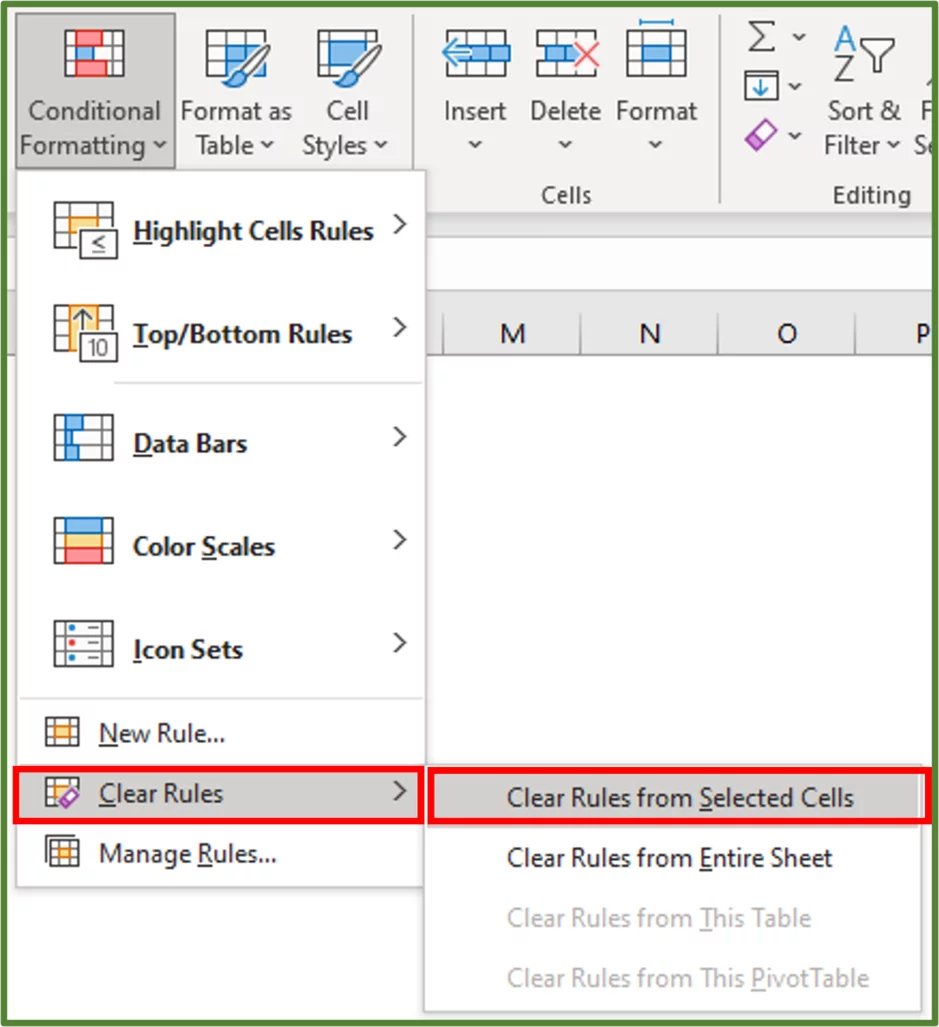 Screenshot showing the Clear Rules and the Clear Rules from Selected Cells option highlighted.