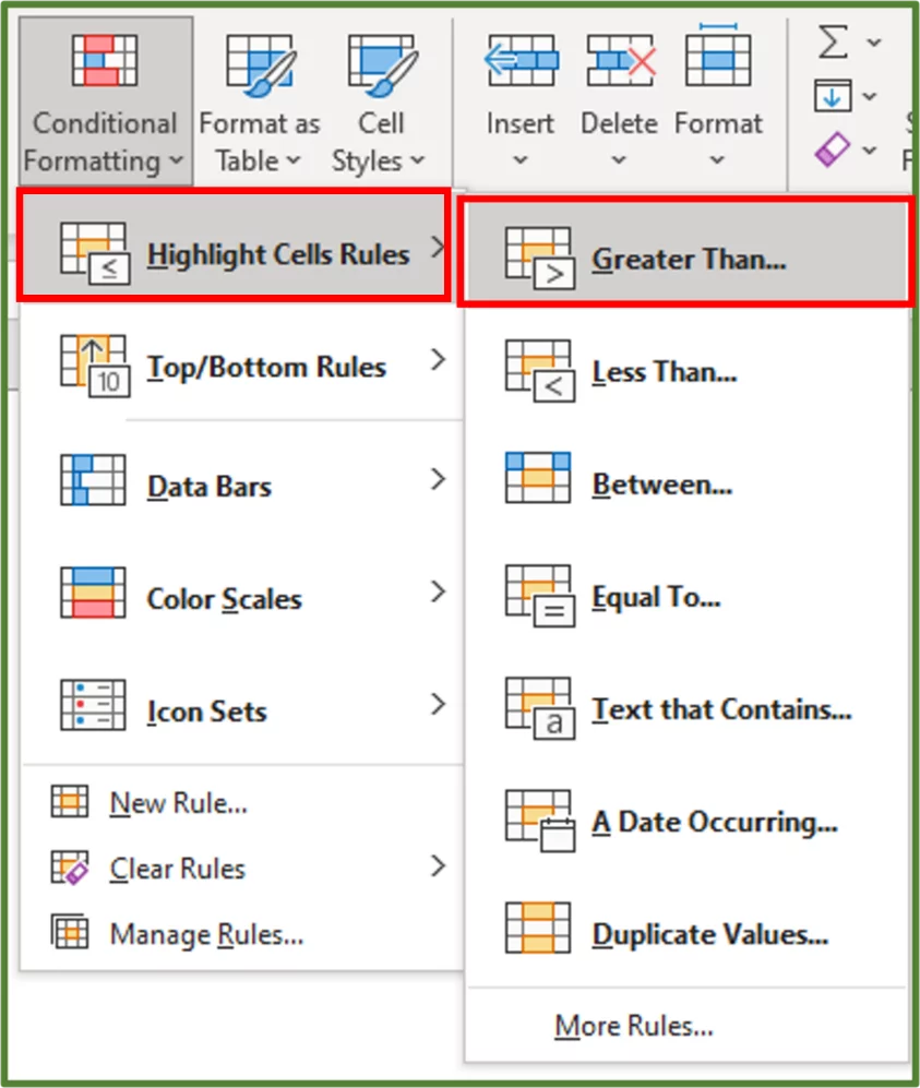 Shows the Highlight Cells Rules and Greather Than.. options highlighted