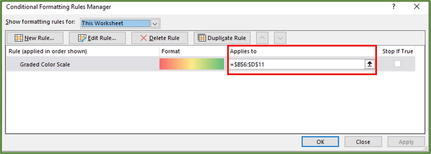 Screenshot showing how to use the Conditional Formatting Rules Manager to verify ranges.