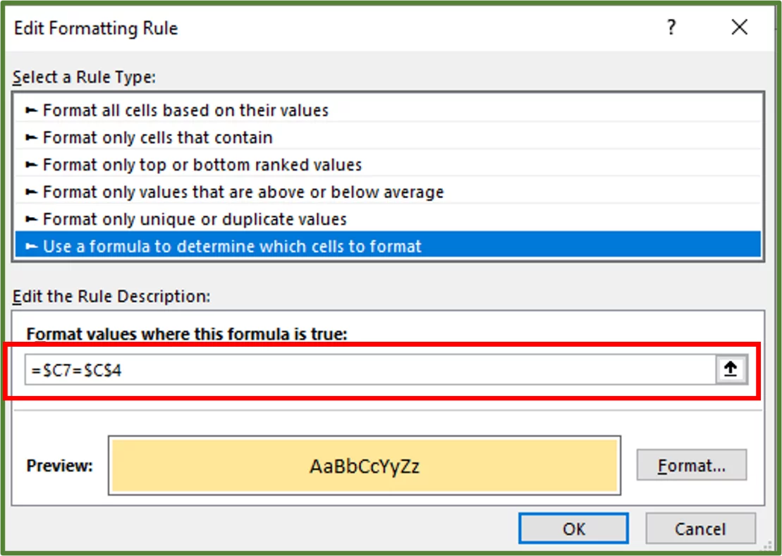 Screenshot showing the Edit Formatting Rule Dialog Box.