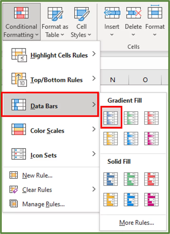 Screenshot of the Data Bars option highlighted and the chosen Gradient Fill option highlighted