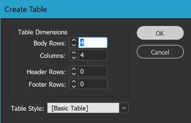 Setting Parameters For A New Table