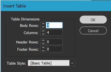 Setting the parameters for our new table