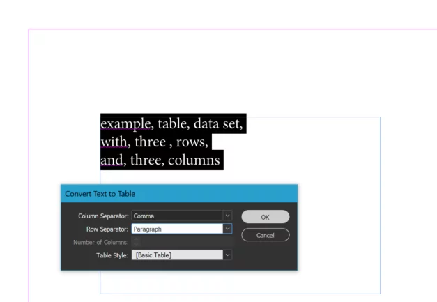 Setting the parameters for the text to table operation