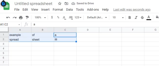 Example data in an Excel spreadsheet