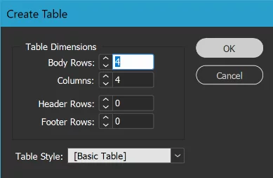 Setting up the table parameters