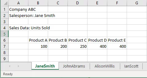 Screenshot showing the source data. This is the first worksheet for the first salesperson.