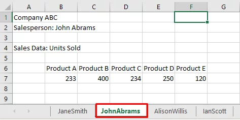 Screenshot showing the second sheet in the workbook with the sales data from the second salesperson John Abrams