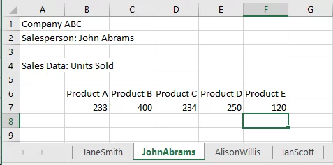 Screenshot showing the source data. This is the second worksheet for the second salesperson.