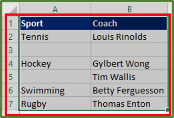 Screenshot showing the cell range A1:B7 selected and highlighted.