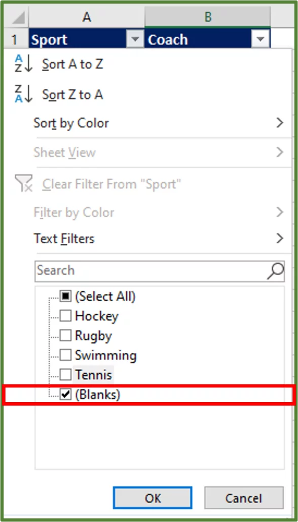 Screenshot showing the Blanks option selected.