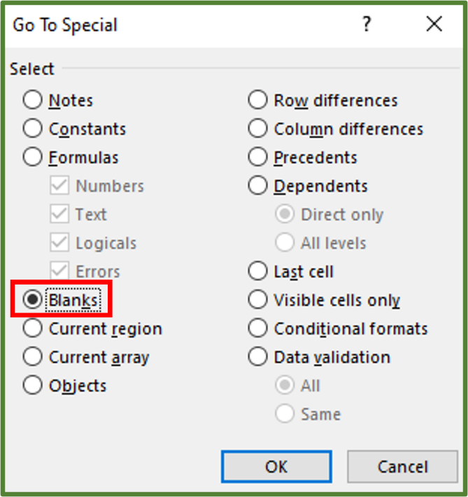 Screenshot showing the Go To Special Dialog Box with Blanks checked.