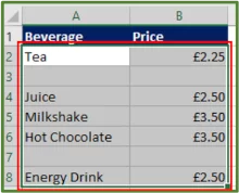 Screenshot showing the cell range A2:B8 highlighted.