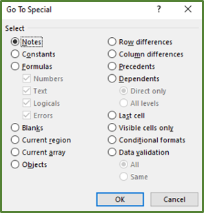 Screenshot showing the Go To Special Dialog Box.