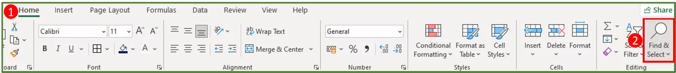 Screenshot showing the Find and Select option on the Editing Group on the Home Tab.